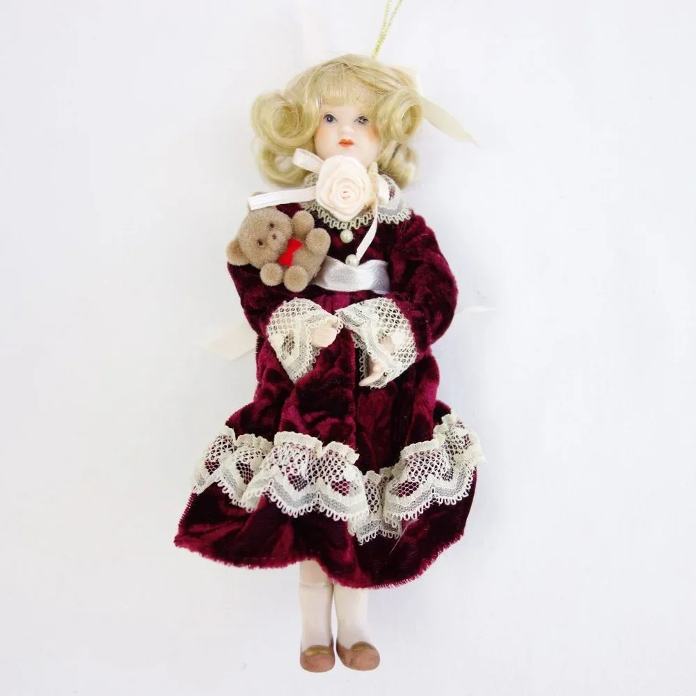 Porcelain Bisque Doll Dressed in Victorian Velvet Dress Hanging Ornament‎ 7